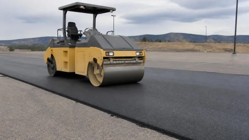 Steel drum roller compacting a fresh black asphalt mat beside older grey pavement on an open lot